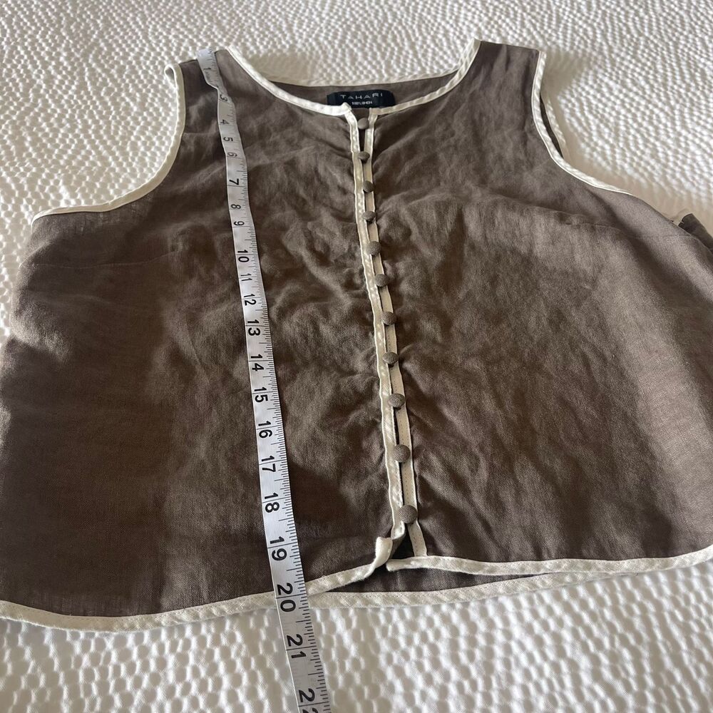 Tahari 100% Linen Sleeveless Button Front Top Grey White Trim Size M Boho Luxe - Picture 6 of 7